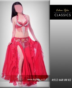 Dansöz elbisesi kırmızı çift yırtmaçlı model