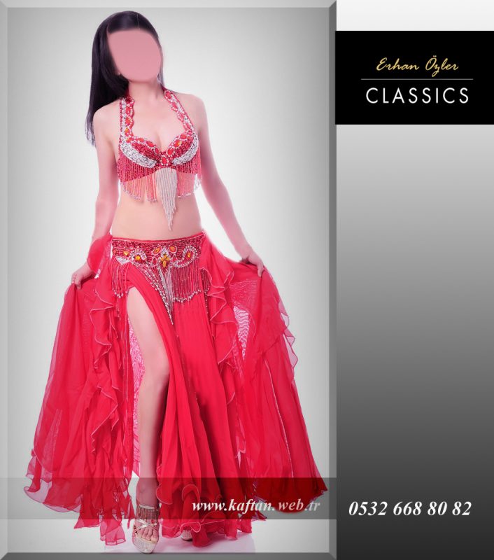 Dansöz elbisesi kırmızı çift yırtmaçlı model